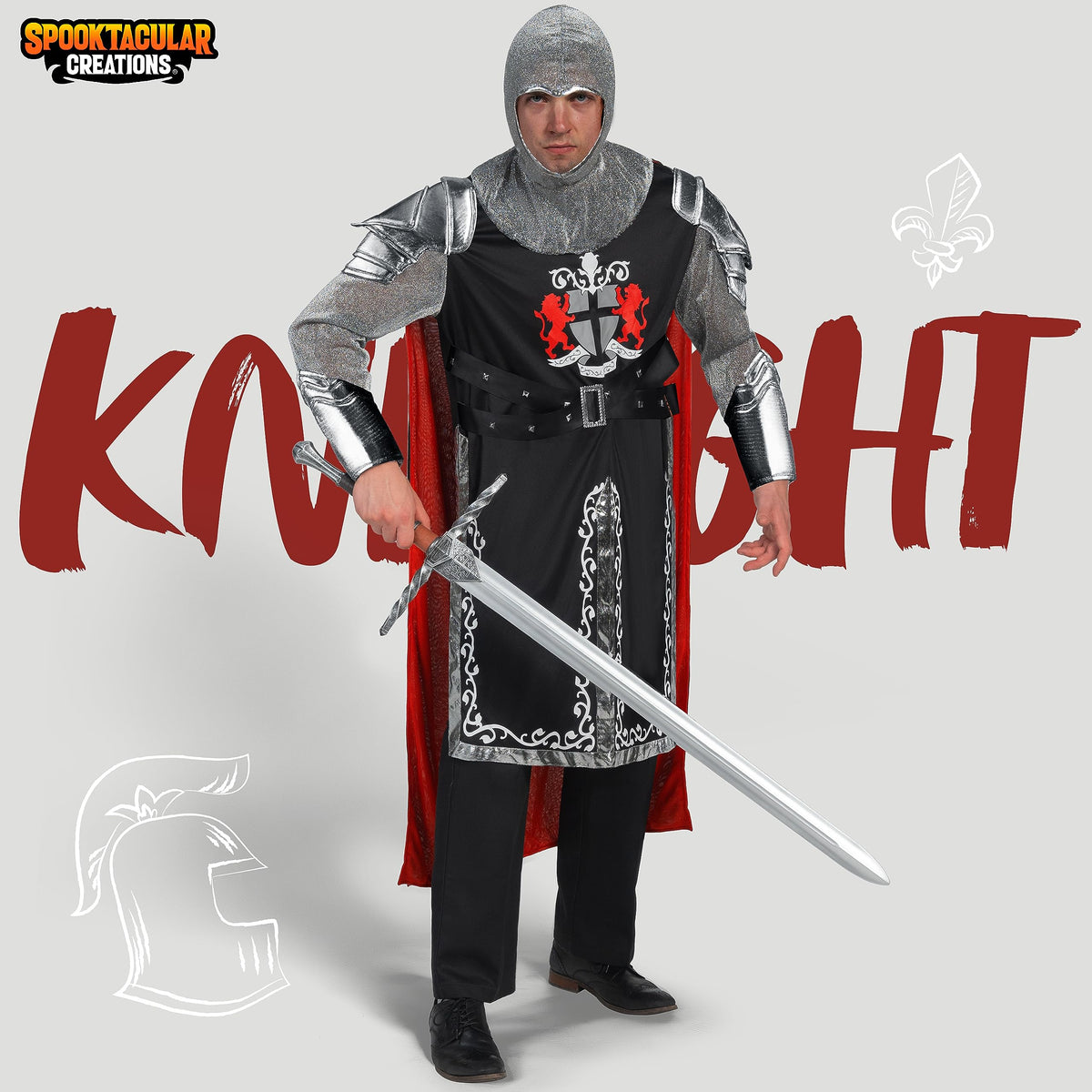 Black Men's Medieval Knight Costume With Armor Cape Tunic Hood