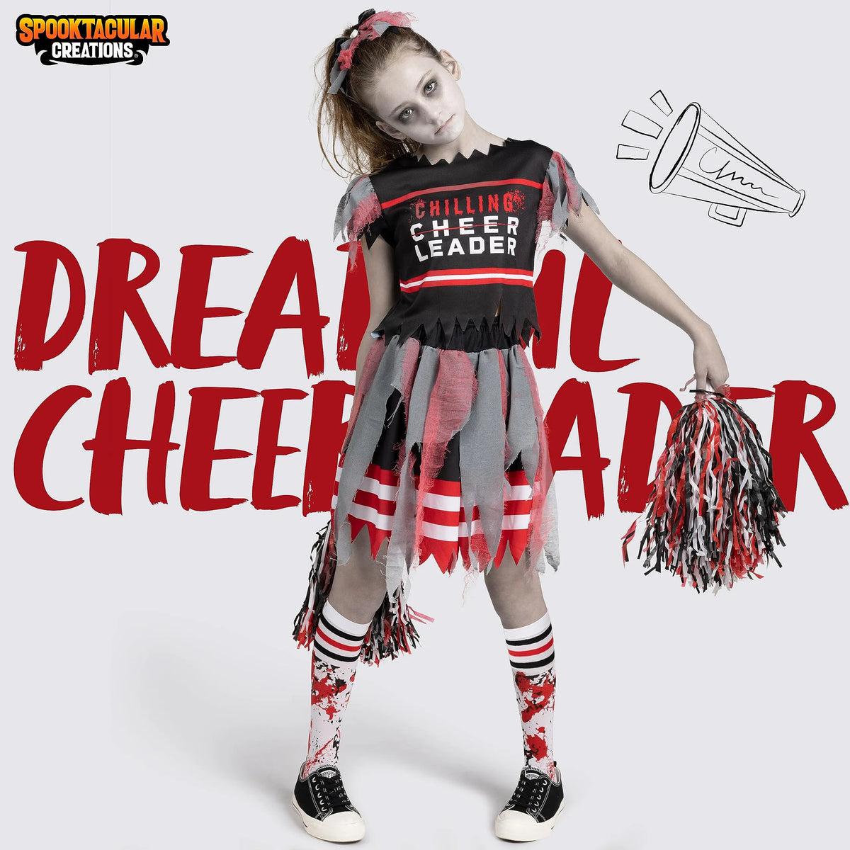 Black and Red Dreadful Cheerleader Zombie Fearleader Costume for