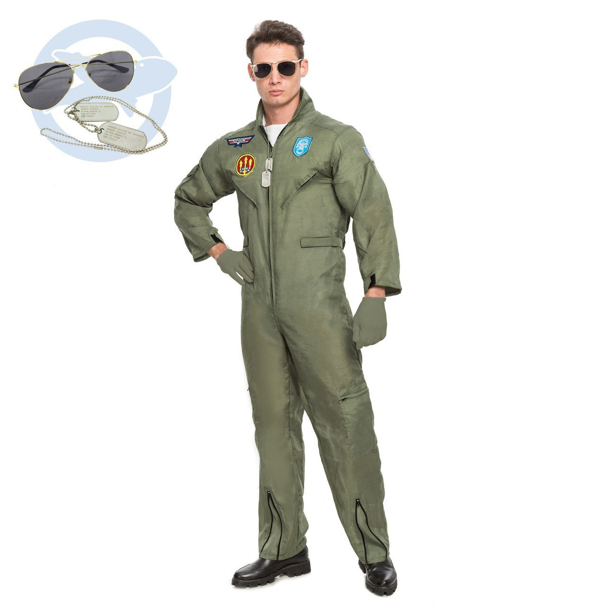 Army Green Pilot Costume Set Adult Jumpsuit Cosplay Flying Party