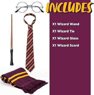 Wizard costume accessories set with glasses, tie, wand and scarf