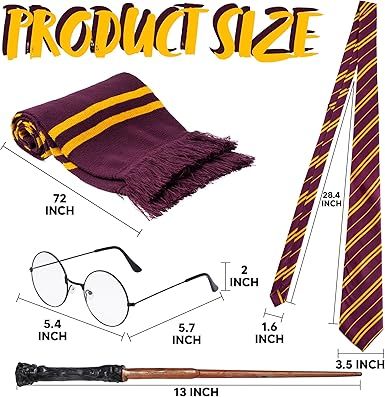 Wizard costume accessories set with glasses, tie, wand and scarf