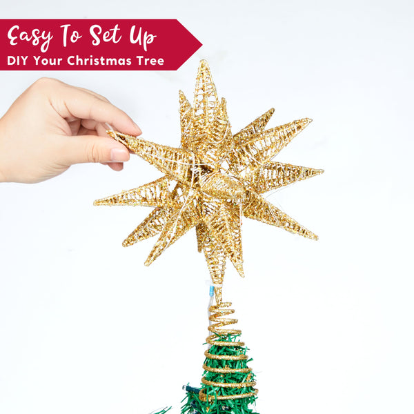 11in Metal 3D Glitter Star Christmas Tree Topper Golden Tree Topper