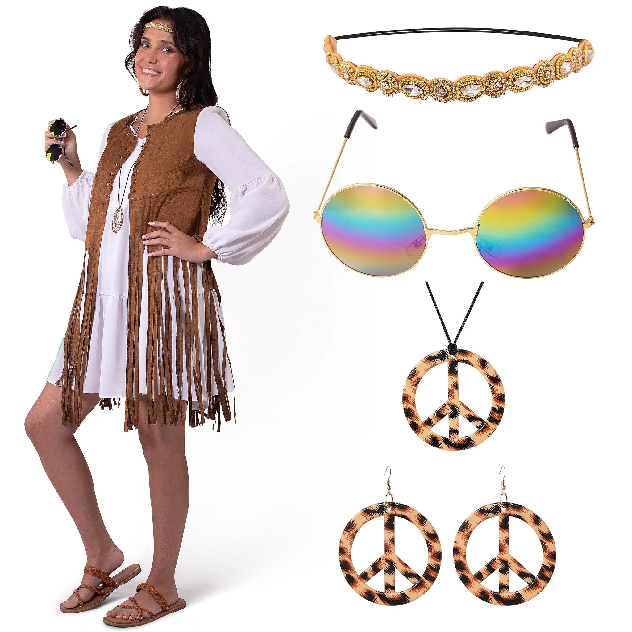 70s Costume Accessories Set - Hippie Earrings, Necklace, and