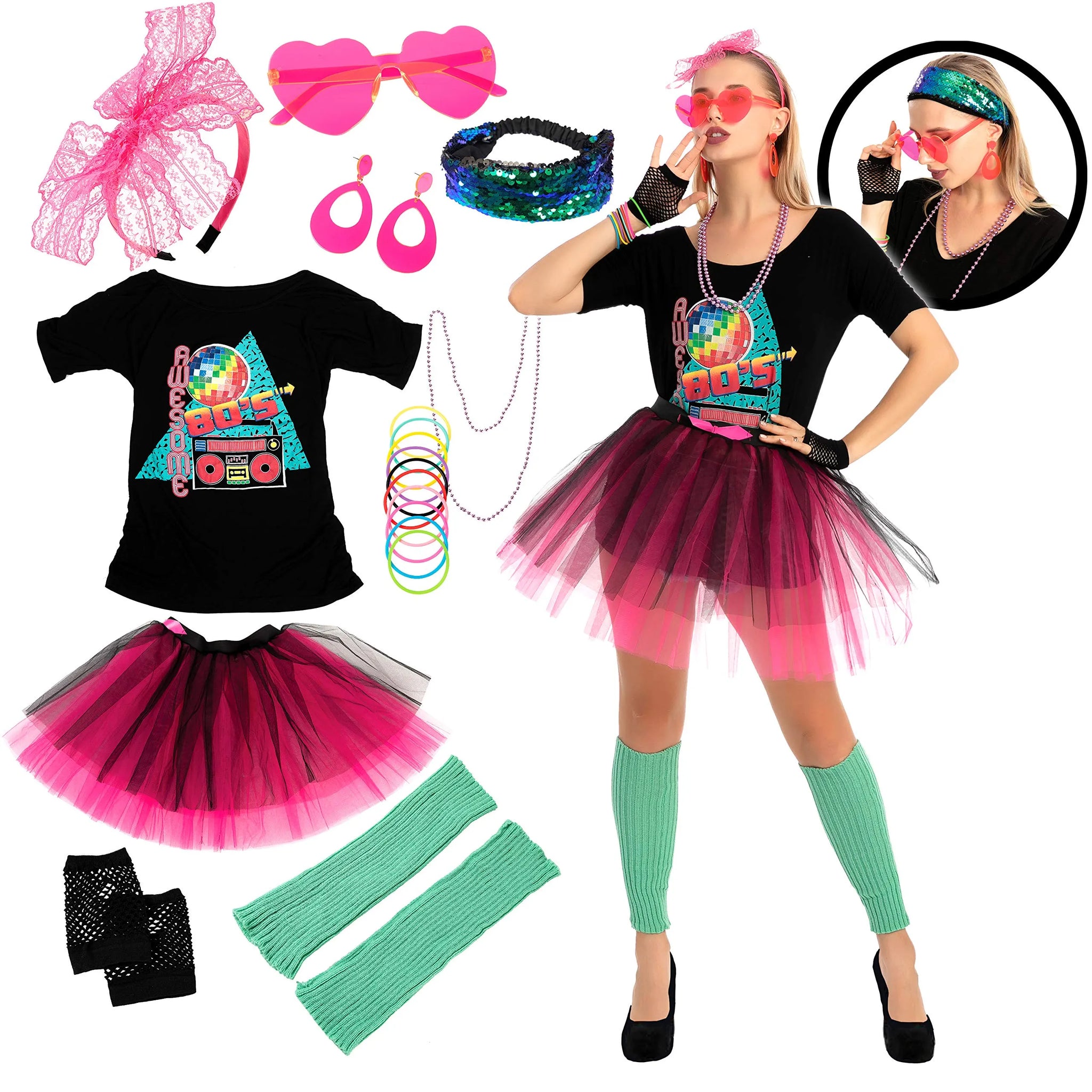 80s Outfits Costume Accessories for Women- 80s T-shirt, 80s Fanny Pack,  Tutu Skirt for Halloween Cosplay Retro Theme Party : : Clothing