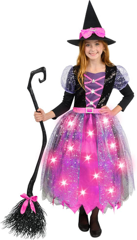 Witch Costume Kids, Light Up Halloween Costumes Witch Dress with Hat and Broom for Girls