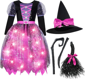 Witch Costume Kids, Light Up Halloween Costumes Witch Dress with Hat and Broom for Girls