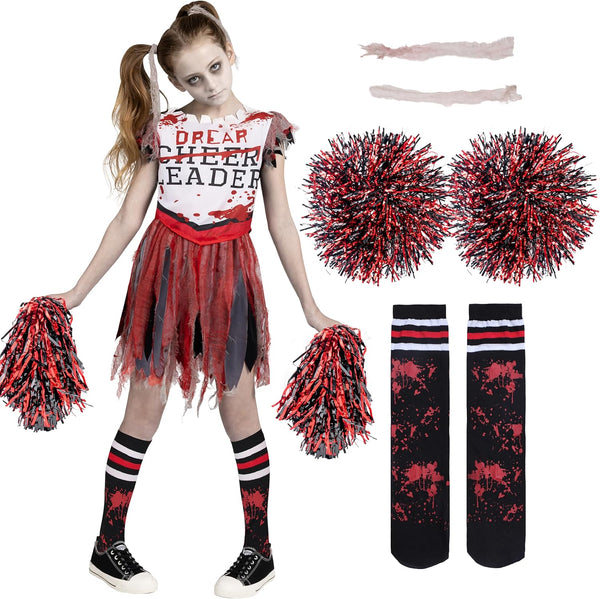 Zombie Halloween Cheerleader Costume, Red White