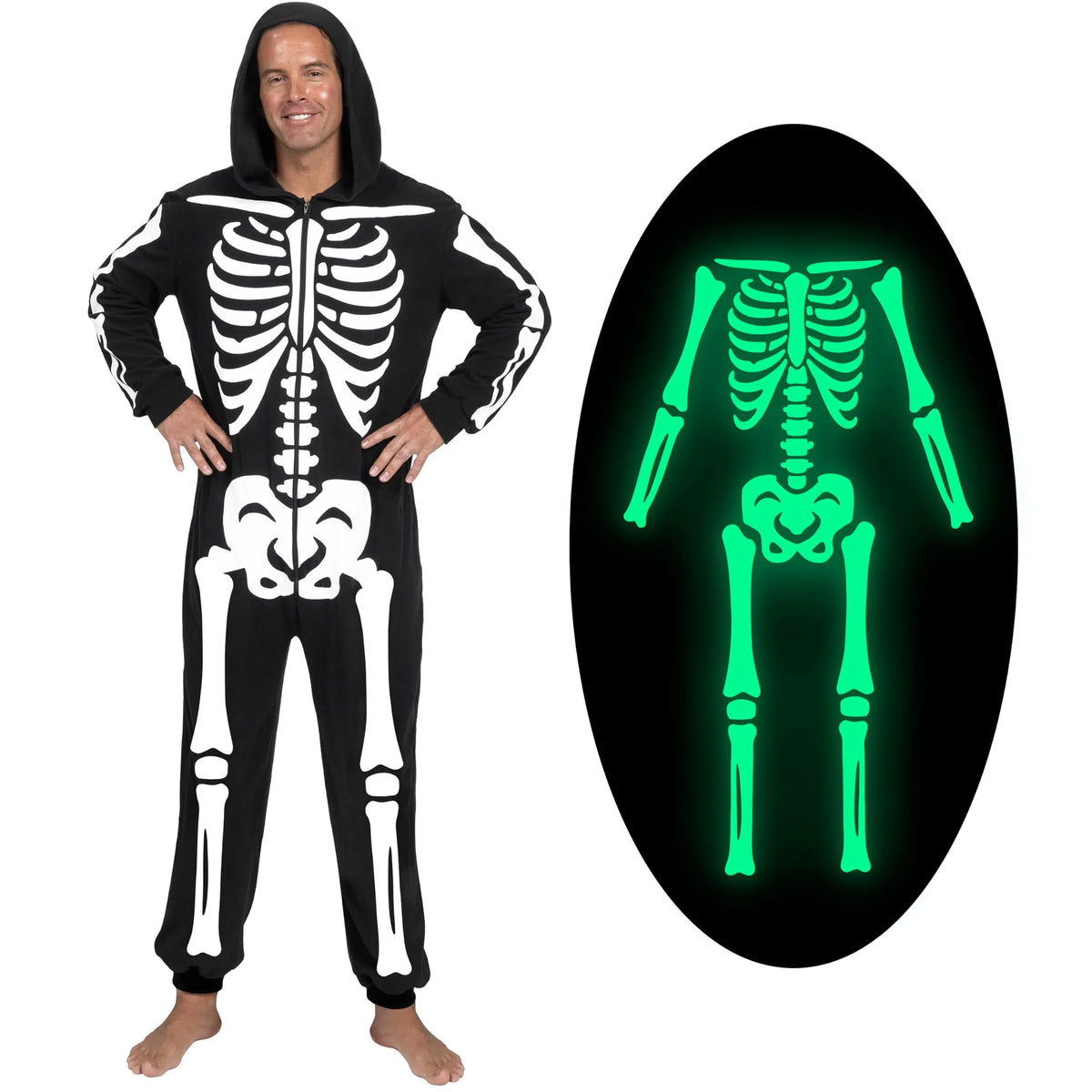 Adult Skeleton Costume for Men Glow in the Dark jumpsuit Pajama Zip-Up ...