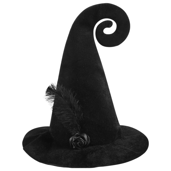 Black Curly Witch Hat with Feather Halloween Costume Accessory