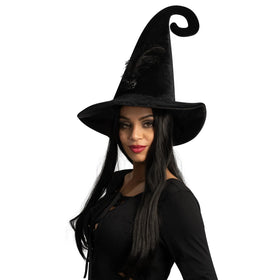 Black Curly Witch Hat with Feather Halloween Costume Accessory