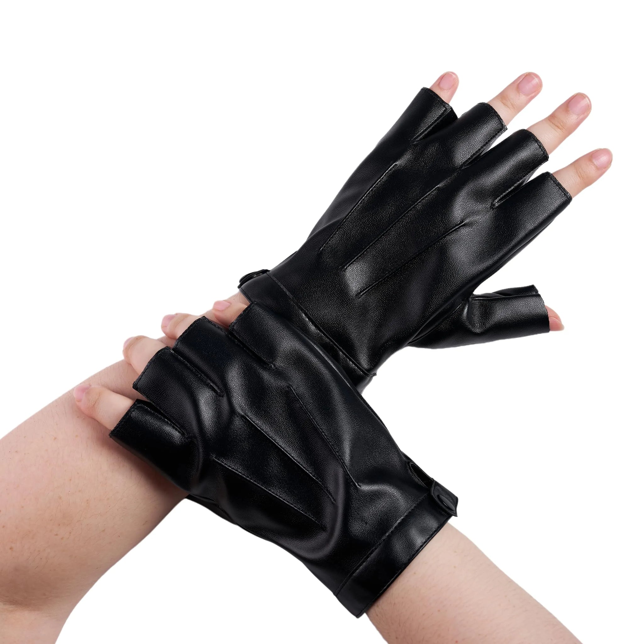 Black leather fingerless gloves