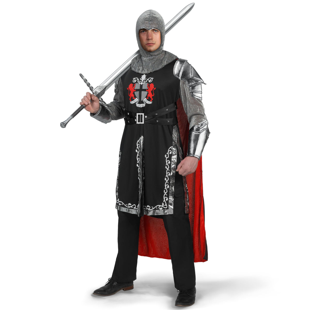 Black Men's Medieval Knight Costume with Armor Cape Tunic Hood ...