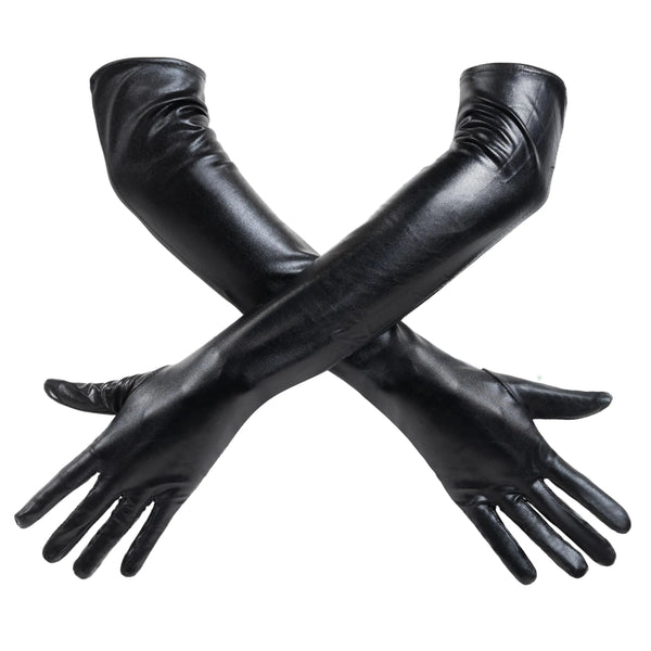 Black Wet Look Long Gloves, Faux Patent Leather Dress Gloves Accessory