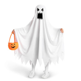 Halloween Kids White Angry Tattered Ghost Costume with Pumpkin Bag