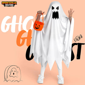 Halloween Kids White Angry Tattered Ghost Costume with Pumpkin Bag