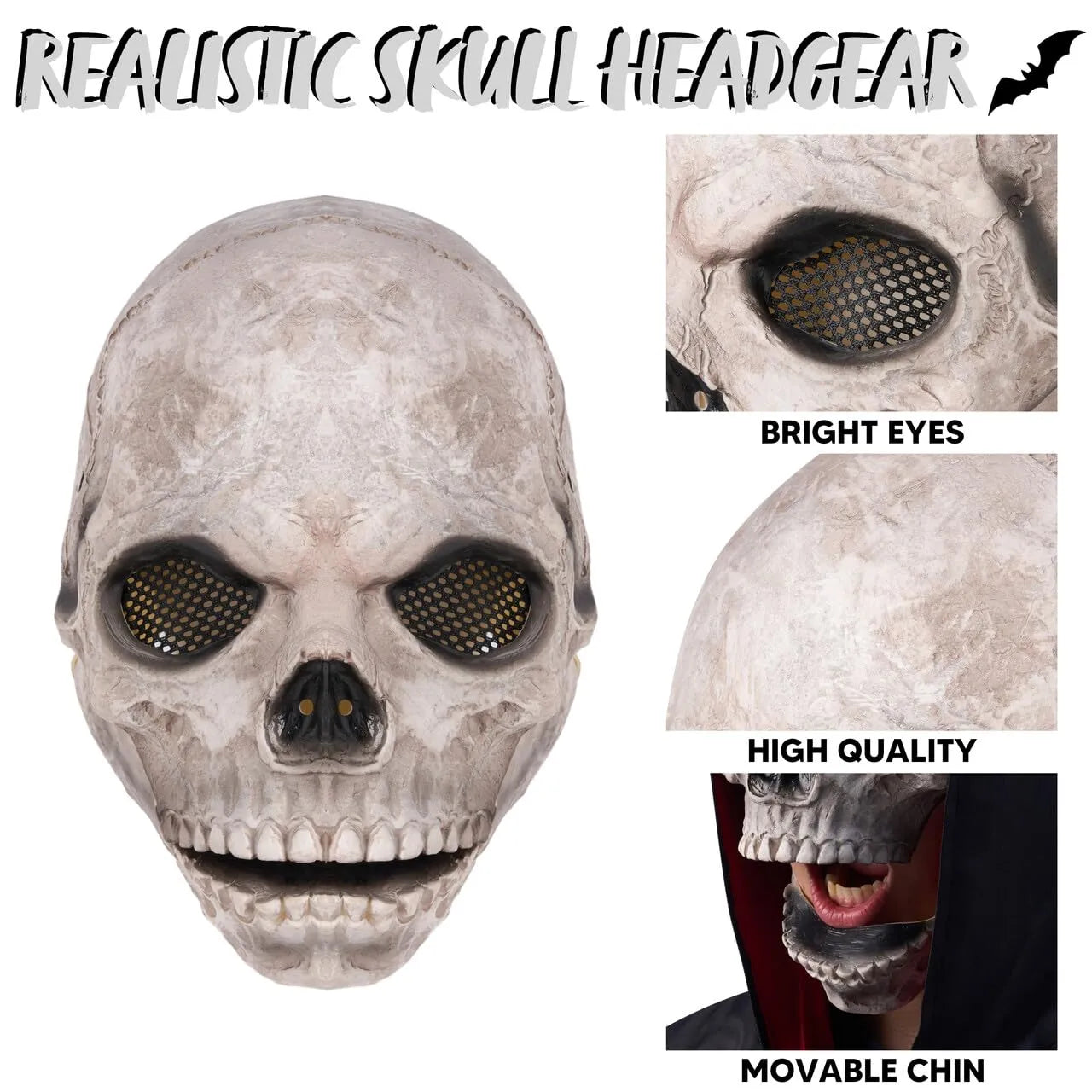 Men Halloween Horror Scary Mouth Can Move Latex Full Face Skeleton