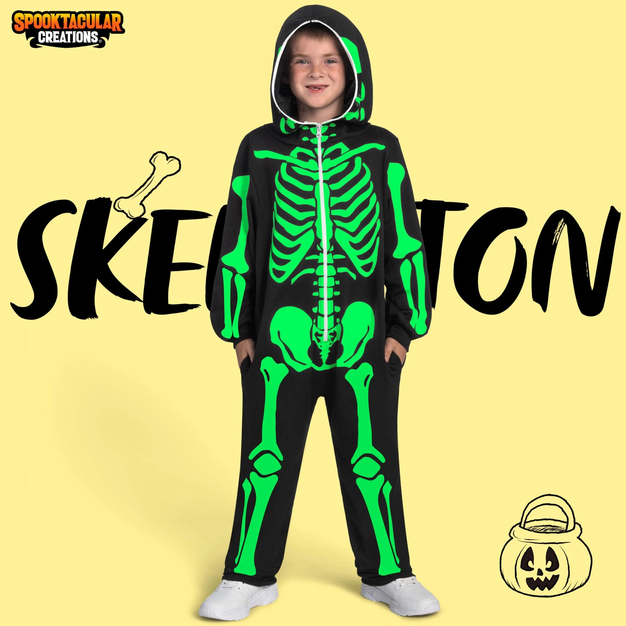 Kids Unisex Skeleton jumpsuit Pajama Plush Zip-Up Glow in the Dark