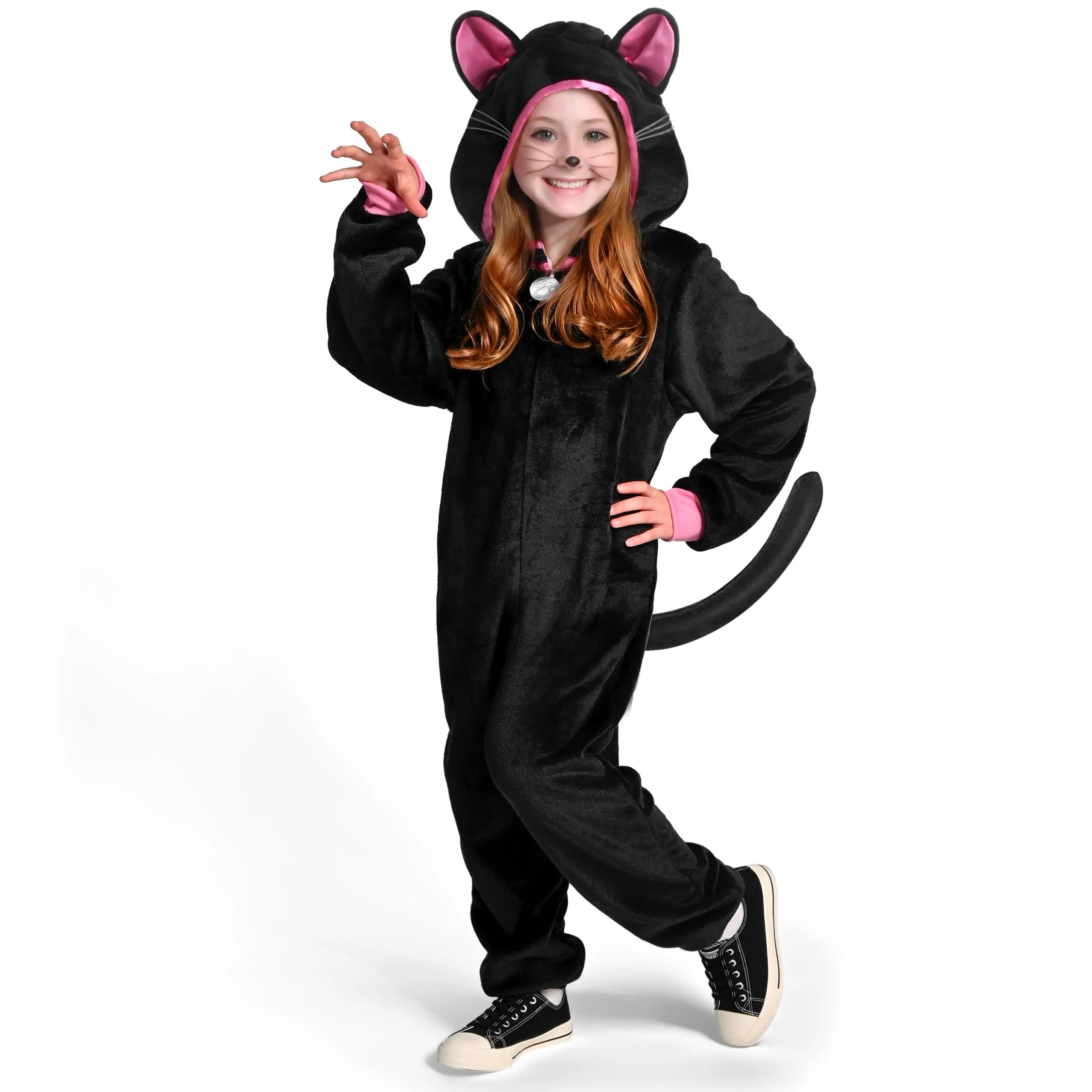 Unisex Black Cat jumpsuit Pajama for Kids Zip-Up Hooded Jumpsuit