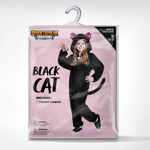 Unisex Black Cat jumpsuit Pajama for Kids Zip-Up Hooded Jumpsuit