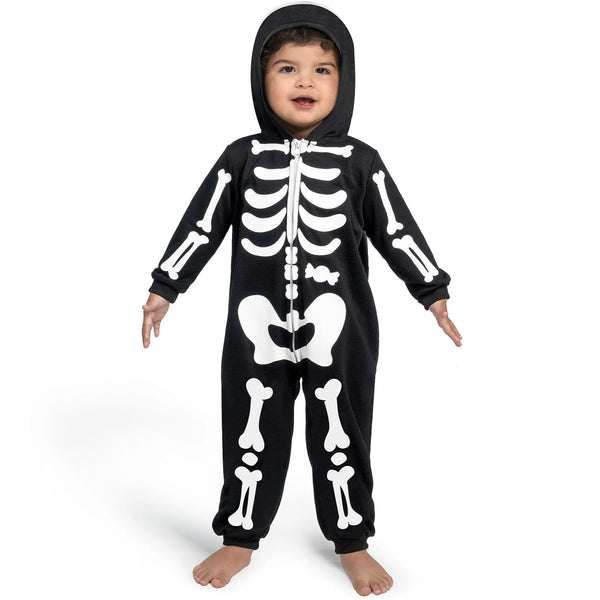 Unisex Skeleton Jumpsuit Pajama Toddler, Plush Zip-Up Black Hooded