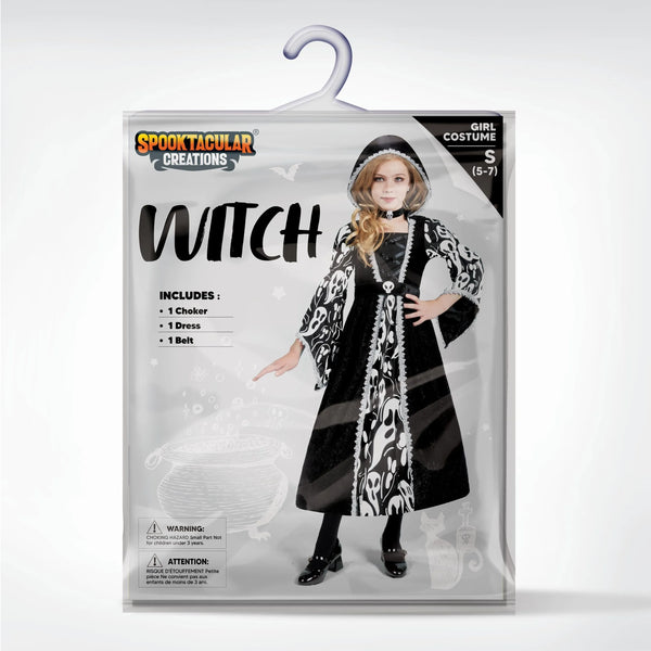 Witch Costume for Girls, Black Dark Witch Print Dress for Girls