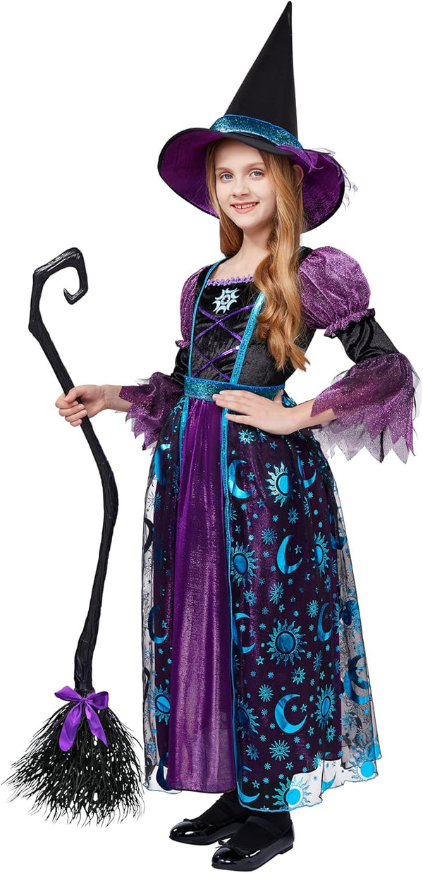 Witch Costume for Girls, Halloween Witch Dress with Broom Hat