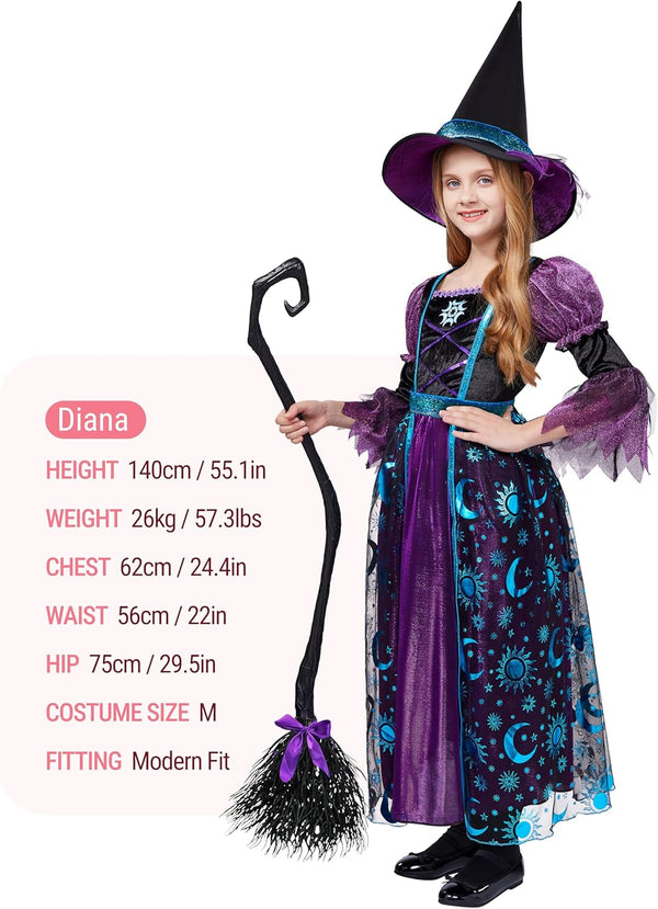 Witch Costume for Girls, Halloween Witch Dress with Broom Hat