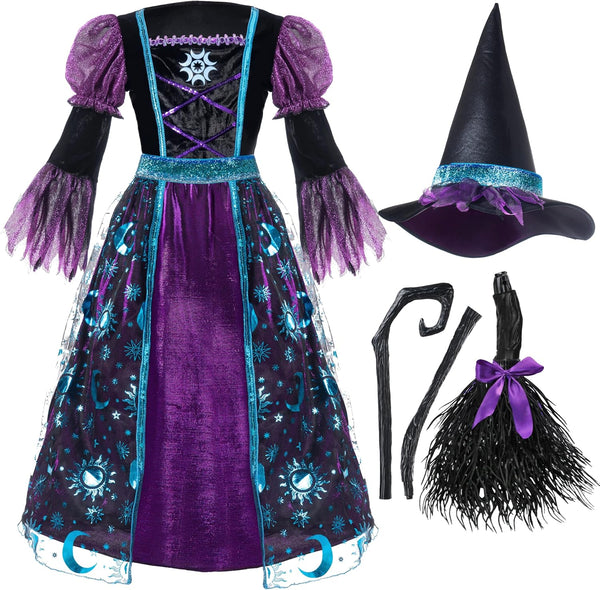 Witch Costume for Girls, Halloween Witch Dress with Broom Hat