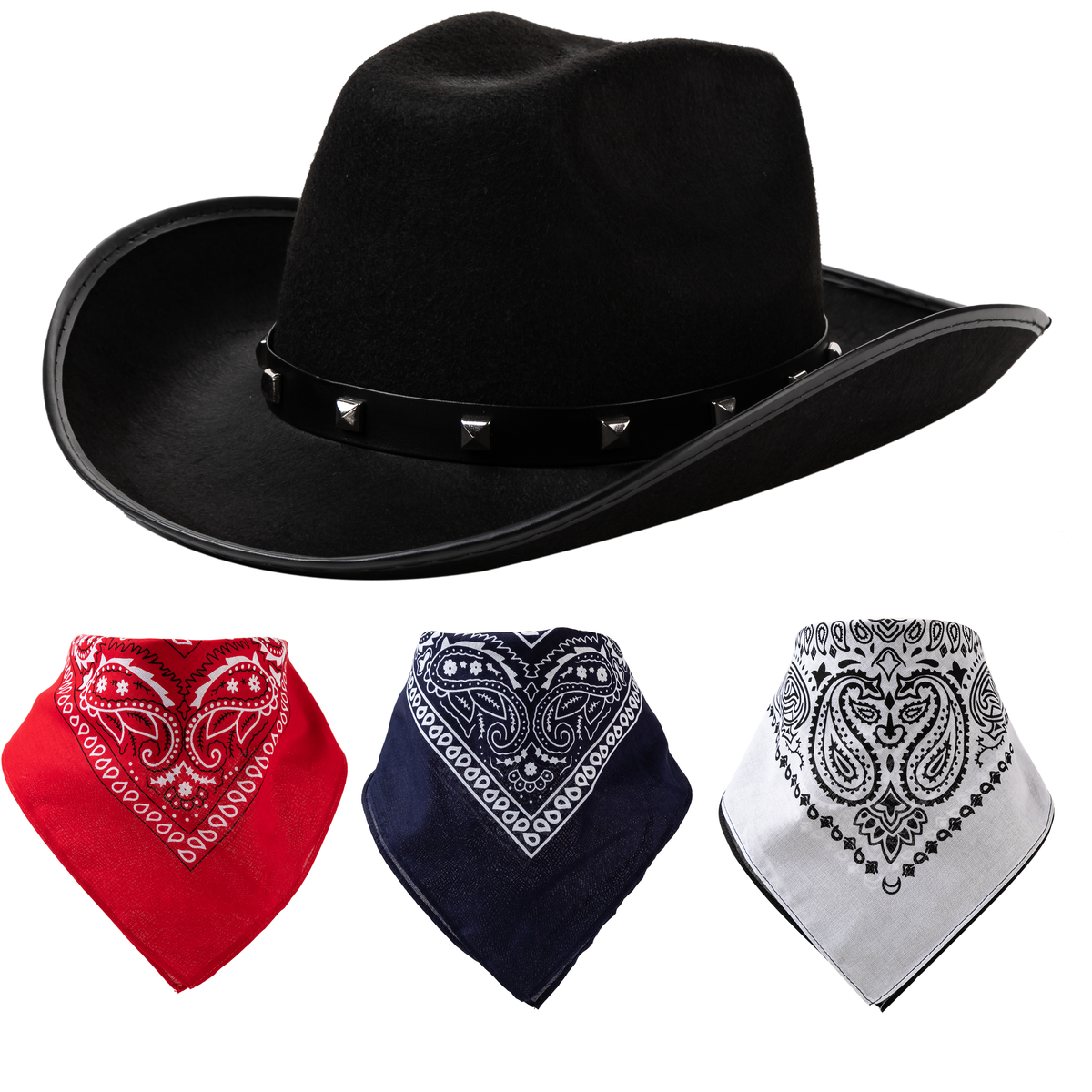 Black Cowboy Hat with 3 Bandanas | Spooktacular Creations